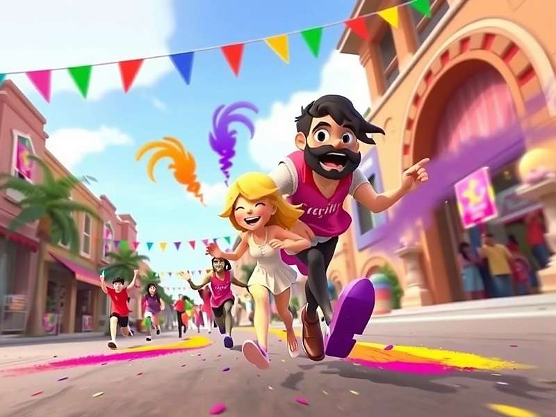 Holi Excitement Run - Festival Adventure Holi Excitement Run game banner showing colorful characters running through Holi festival streets